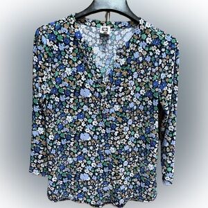 Anne Klein Blue, Green, White and Tan Floral V Neck Blouse M